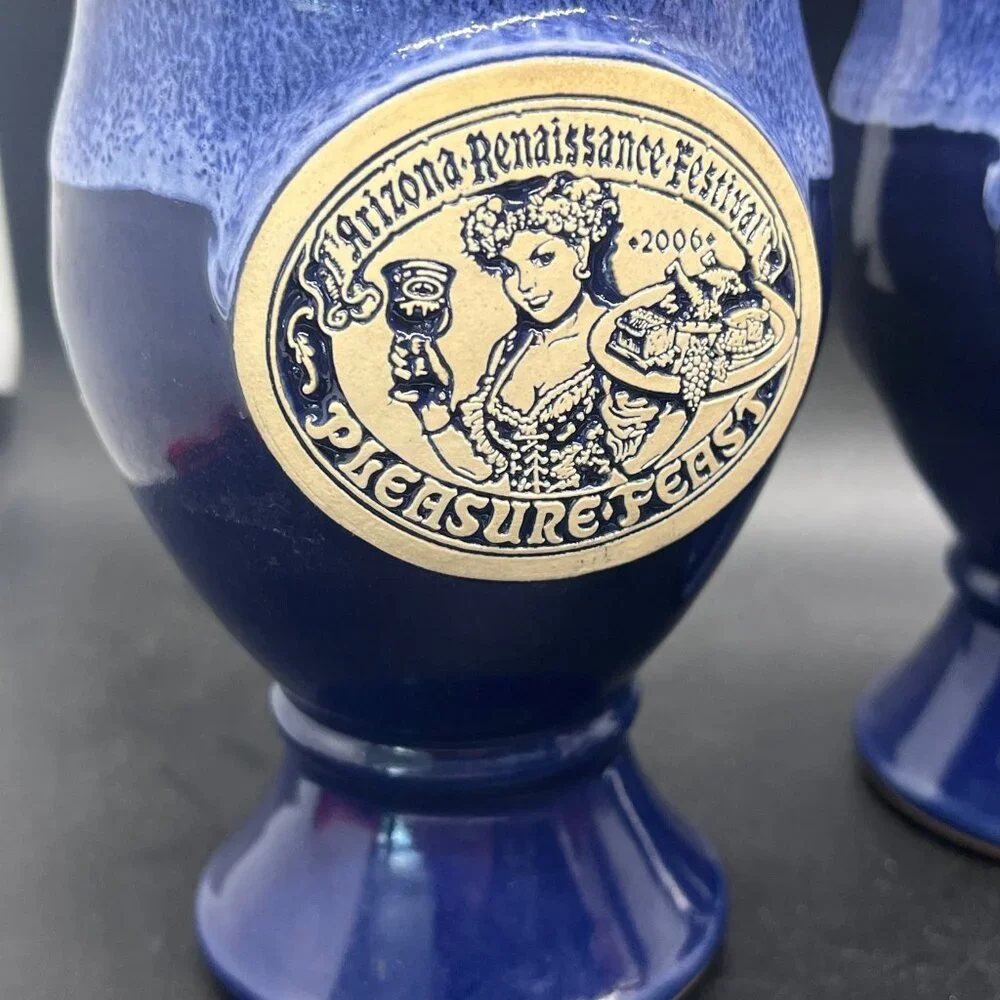 2006 Arizona Renaissance Festival Pleasure Feast Glazed Pottery Blue Goblet Cups